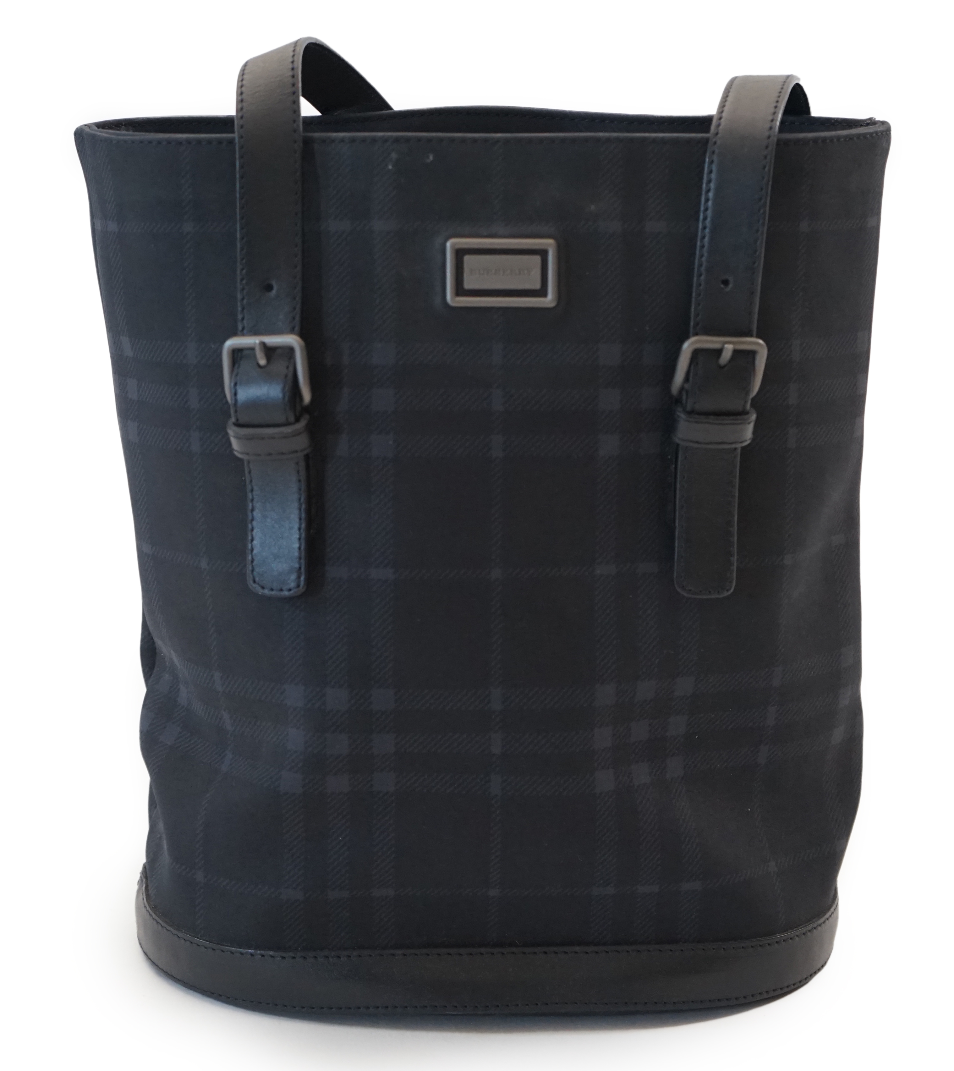 A Burberry bucket bag in blue black tartan canvas and leather, width 26cm, depth 16cm, height 27cm